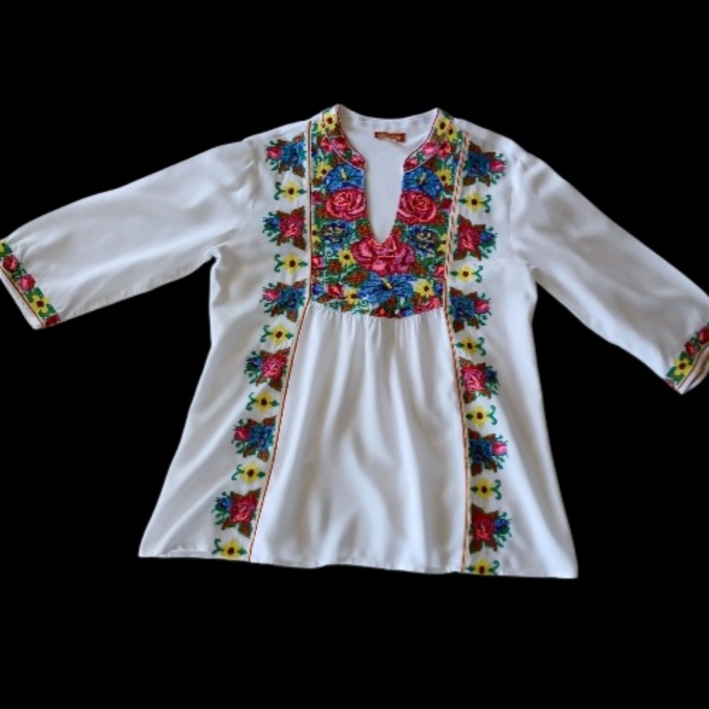 Bohemian Floral Embroidered White Blouse From Avelina, Size S - Picture 3 of 16
